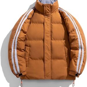 Men's and women Brown Puffer Jacket with Stripes